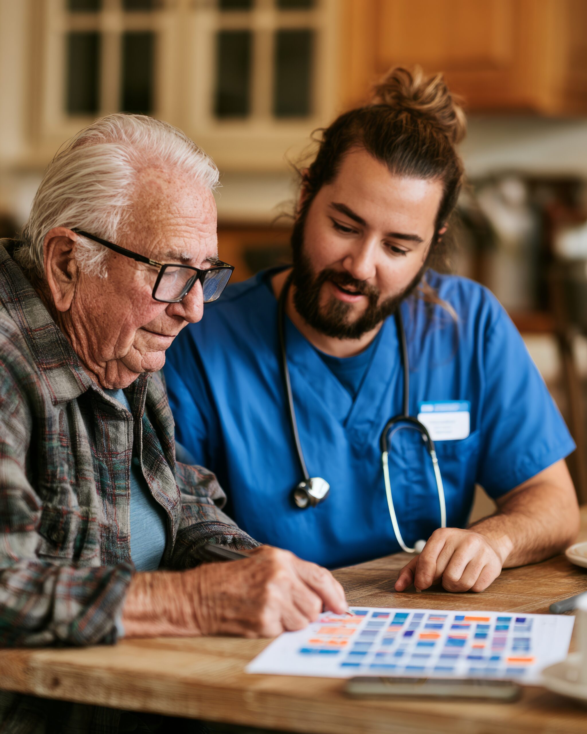 Senior receiving medication reminder support